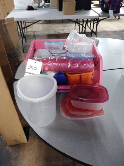 LOT OF PLASTIC CONTAINERS AND CUPS IN STORAGE BINS