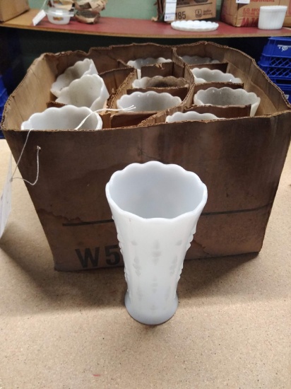 12 WHITE GLASS 7" VASES