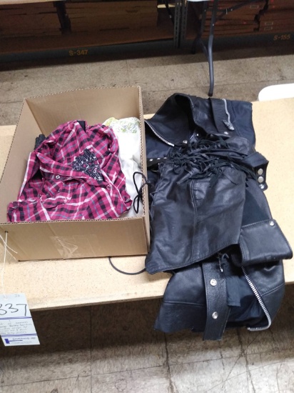 LOT OF WOMENS LARGE HARLEY DAVIDSON LEATHER CHAPS WITH HALTER TOP AND ASSORTED HARLEY CLOTHING
