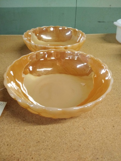 2 VINTAGE ANCHOR HOCKING ORANGE IRIDESCENT / PEACH LUSTRE 8" BOWLS