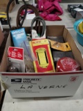 BOX OF MISC CART PARTS - BELT, OIL FINTERS, LIGHTS ETC