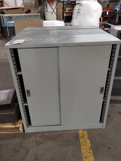SET OF 3 METAL 3 SHELF CABINETS WITH SLIDING DOORS