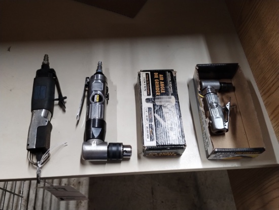 4 ASSORTED PNEUMATIC TOOLS - BLUE POINT SAW, CENTRAL, ANGLE GRINDERS, DRILL