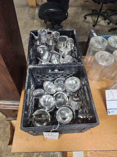 2 CRATES OF STAINLESS CREAMERS AND DISHES