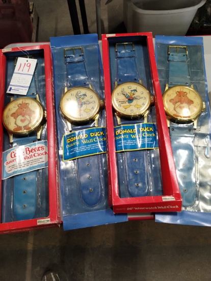 SET OF 4 VINTAGE CAREBARE / DONALD DUCK WALL CLOCKS THAT LOOK LIKE GIANT 26" WRIST WATCHES