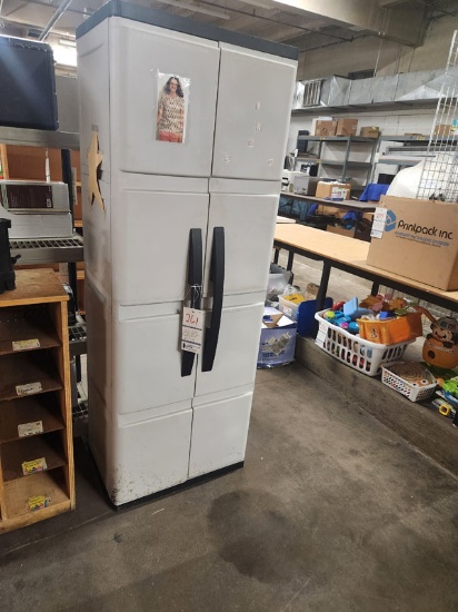 PLASTIC 2 DOOR STORAGE CABINET - AS IS (RIGHT DOOR KEEPS FALLING OFF) 26" X 18" X 69"
