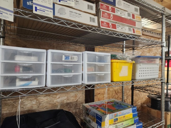LOT OF ASSORTED SMALL STORAGE TOTES WITH CONTENT