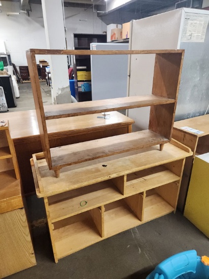 LOT OF 2 ASST 46"x18"x25 1/2" WOOD TOY CUBBY AND 36"x10"x28" SHELF