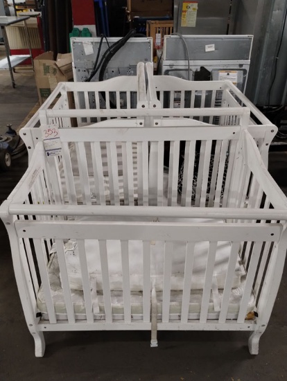 LOT OF 3 WHITE WOOD CRIBS PLUS CONTENT 40"x27 1/2"x37 1/2"