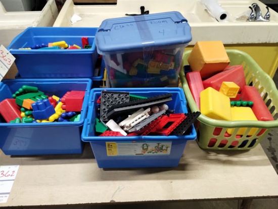 LOT OF ASST LEGOS AND BLOCKS IN 7 BINS