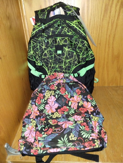 LOT OF 2 NEW ASST HIGH SIERRA GREEN AND BLACK BACKPACK AND CALIWARE FLORAL COTTON BACKPACK