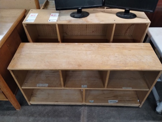 LOT OF 2 ASST WOOD TOY CUBBIES - KAPLAN 48"x13"x24 1/2" AND LAKESHORE 48"x12"x30"