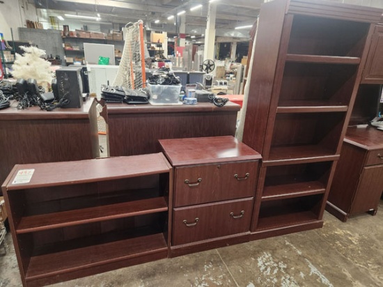LOT OF 3 ASST BOOKCASES AND WOOD 2-DRAWER FILE CABINET W/ CONTENT
