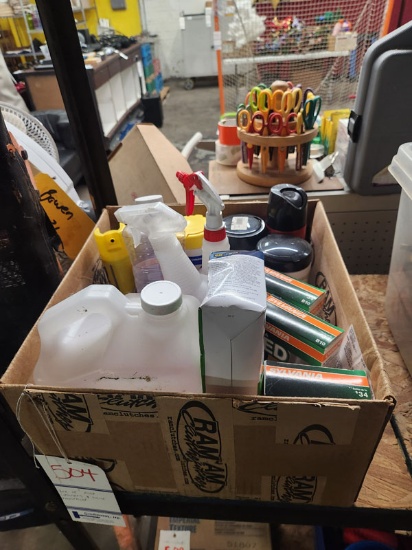 BOX OF ASST CLEANERS AND MISC HOUSEHOLD