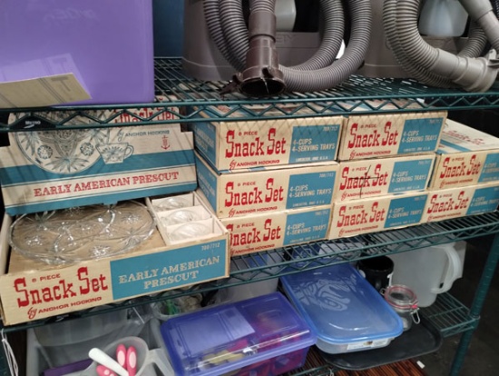 9 VINTAGE ANCHOR HOCKING GLASS SNACK SERVING SETS IN ORIGINAL BOXES