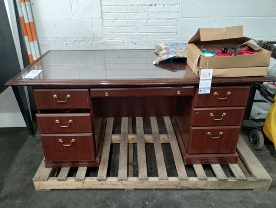 EXECUTIVE DESK WITH MATCHING 2 DRAWER LATER FILE CABINET AND CREDENDA - ALL 3 PIECES HAVE GLASS