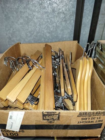 BOX OF ASSORTED WOOD RETAIL HANGERS