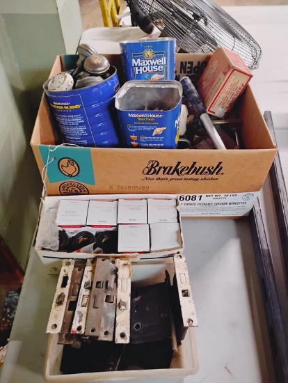 LOT OF ASSORTED TOOLS AND MISC - DOOR HANDLES, HINGES, AIR FILTERS, ETC