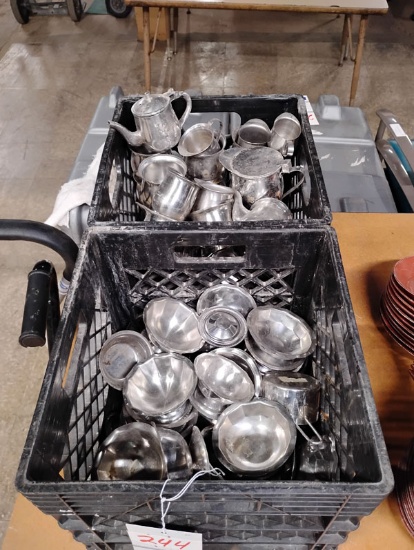 2 CRATES OF STAINLESS CREAMERS AND SHERBERT DISHS