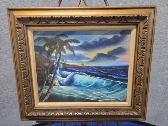 FRAMED TROPICAL BEACH PAINTING - ARTIST SIGNED "DJC 95"