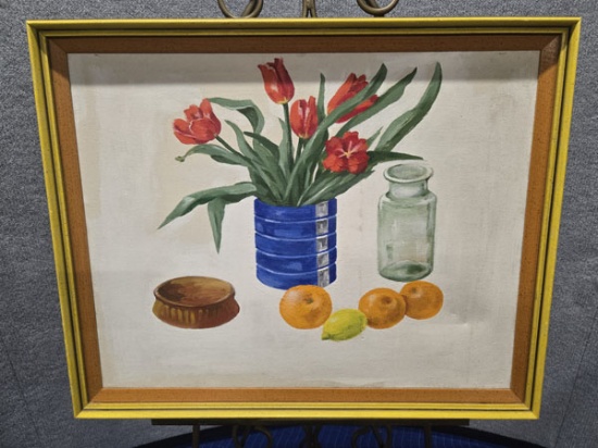 FRAMED STILL LIFE PAINTING ON CANVAS 31" X 25"