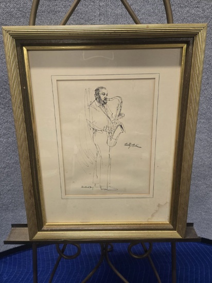 FRAMED SKETCH OF BILLY ROBINSON (TEXAS TENORS) PLAYING THE SAXOPHONE BY BRO KUSH BEY - ARTIST SIGNED