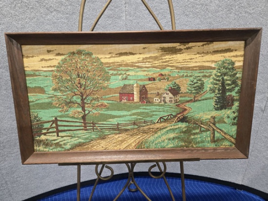 FRAMED COUNTRY FARM LANDSCAPE ON LINEN BY RICHARD BATCHELDER - ARTIT SIGNED - 33.5" X 18.5"