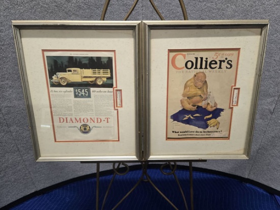 SET OF FRAMED 1933 MAGAZINE PAGES - COLLIERS AND THE SATURDAY EVENING POST - 18" X 22"