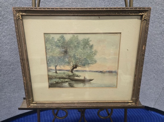 FRAMED ART - MAN IN A CANOE - ARTIST UNKNOWN - 18.5" X 15.5"