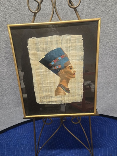 PAPYRUS PAINTING OF NEFERTITI WITH ARTIST SIGNATURE IN FRAMED MEASURING 20" X 24"