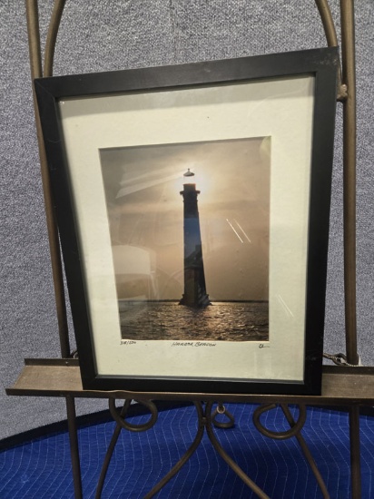 FRAMED HARBOR BEACON LIGHTHOUSE PHOTO ARTIST SIGNED AND NUMBERED #318/500 - MEASURES 12" X 15"