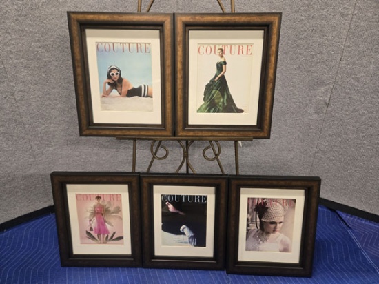 5 FRAMED COUTURE MAGAZINE COVERS - 1947, 1955, 1956 AND 1959 - 14.5" X 17.5"