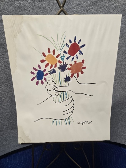 1995 COLDWATER PRESS PRINT OF "MAIN AUX FLEURS" BY PICASSO - 24" X 30" - AS IS