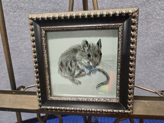 FRAMED GLASS DRAWING / SKETCH OF A MOUSE - 8.5" X 8.5"