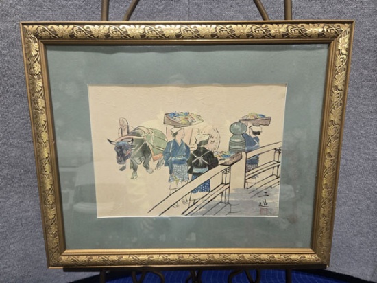 FRAMED SANZO WADA PRINT "FARM GIRLS AT THE BRIDGE"