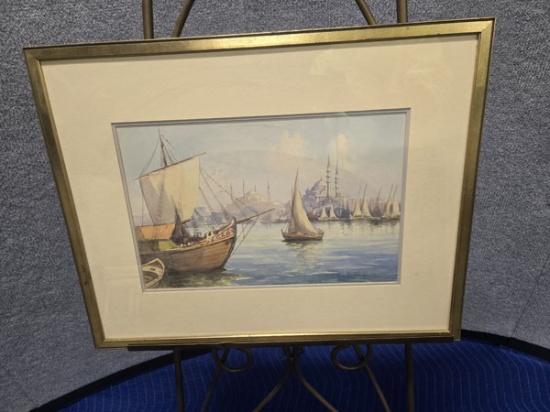 FRAMED SAILBOAT AND SKYLINE ARTWORK - ARTIST SIGNED - 24" X 19"