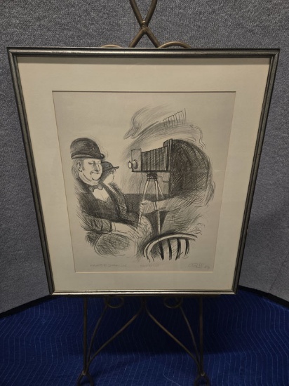 FRAMED SKETCH OF A COUPLE GETTING THEIR PHOTO TAKEN - ARTIST SIGNED - 25" X 29"