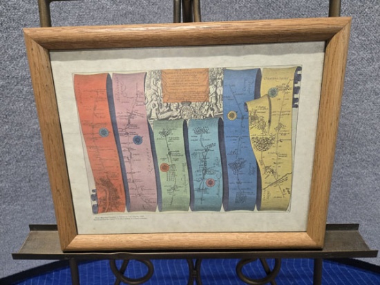 FRAMED REPRODUCED ROAD MAP FROM LONDON TO OXFORD BY JOHN OGILBY - 1675 - 15.5" X 12.5"