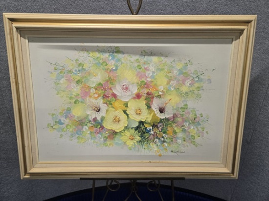 FRAMED AND ARTIST SIGNED FLORAL ON CANVAS MEASURING 43" X 31"