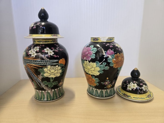 SET OF VINTAGE HANDPAINTED PORCELAIN JARS - MADE IN JAPAN - ONE IS CRACKED AND CHIPPED - 9.5" WITH L