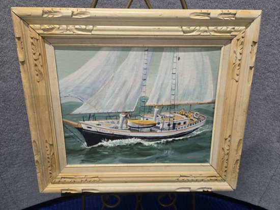 FRAMED KURT GRIESSHABER (AMERICAN 1926-2006) SAIL BOAT PAINTING - ARTIST SIGNED - 27.5" X 23.5"