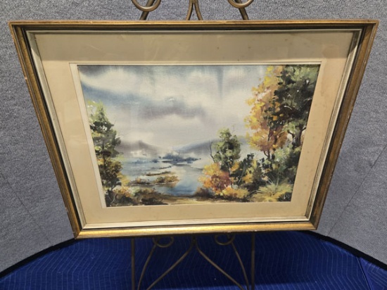 FRAMED FALL LANDSCAPE - ARTIST SIGNED - 30.5" X 24.5" - AS IS - POSSIBLE WATER DAMAGE