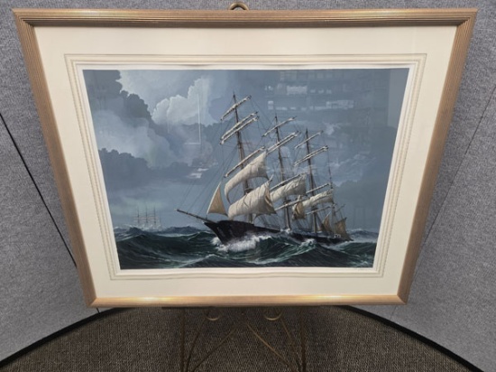 #76/325 FRAMED OIL ON CANVAS "AGAINST AN ANGRY SEA" BY PETE PETERSON 42.5" X 35"