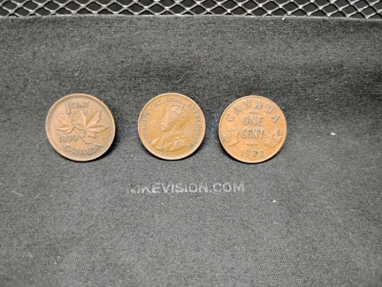 (3) CANADIAN PENNIES (2) 1932 AND (1) 1939