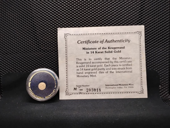 MINIATURE 14 KARAT SOLID GOLD KRUEGERRAND