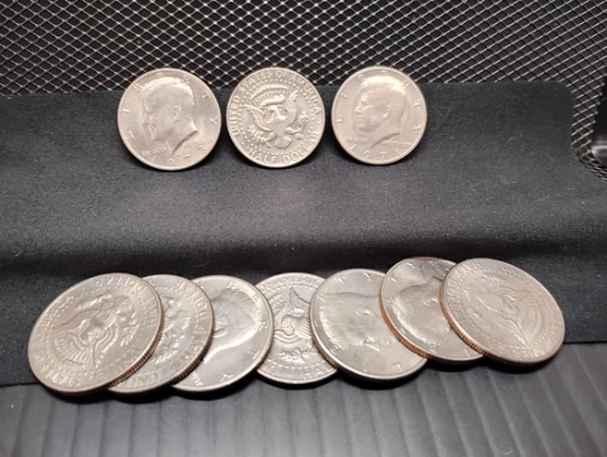 (10) KENNEDY HALF DOLLAR COINS - P, D AND UNKNOWN MINTS MARKS - 1971-1980