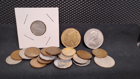 (20) CANADIAN COINS (8) MAPLE LEAF PENNIES, (5) NICKELS, (4) DIMES, 1 TIGER QUARTER, (1) .50 CENT CO