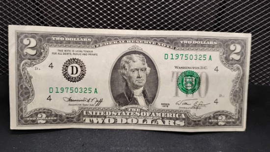 1976 GREEN SEAL DECLARATION OF INDEPENDENCE $2 BILL - SERIAL # D19750325A