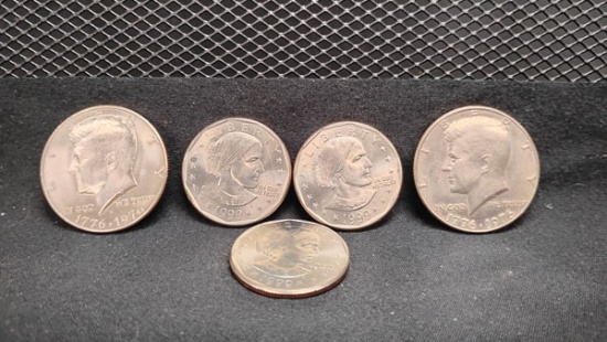 (5) COINS LOT - (3) 1999-P SUSAN B ANTHONY U.S. DOLLAR COIN WITH FG MARKINGS AND (2) U.S. JFK BICENT