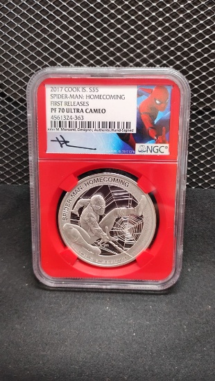 2017 COOK ISLAND $5 SPIDER MAN: HOME COMING FIRST RELEASE 1 oz SILVER PF70 ULTRA CAMEO MERCANTI COIN